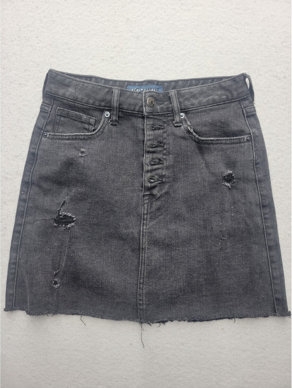 Aeropostale Women's Skirt Size 0 Black Mini Low Rise Button Fly Rips Cotton